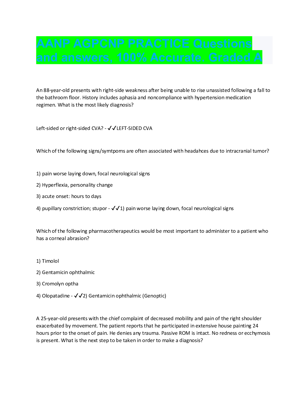 Preview image for AANP AGPCNP PRACTICE Questions  and answers, 100% Accurate. Graded A